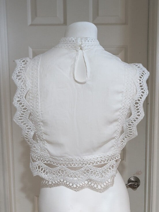 White Lace Crochet Cap Sleeve Cropped Top Women's Small