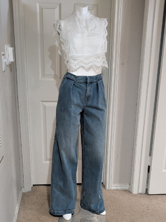 White Lace Crochet Cap Sleeve Cropped Top Women's Small
