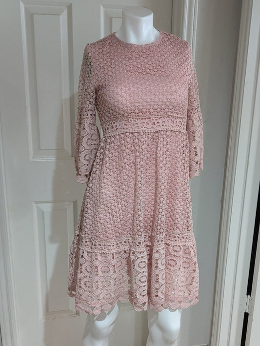 SHEIN Blush Lace Midi Fit-and-Flare Dress Women's Small