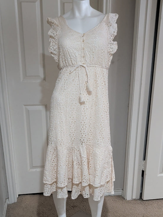 Cleobella Cream Eyelet Tiered Midi Dress with Tassel Tie Women's XS