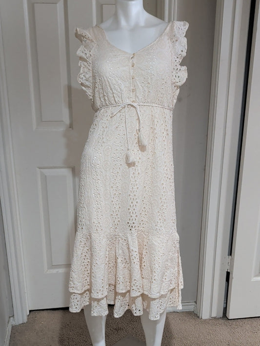 Cleobella Cream Eyelet Tiered Midi Dress with Tassel Tie Women's XS