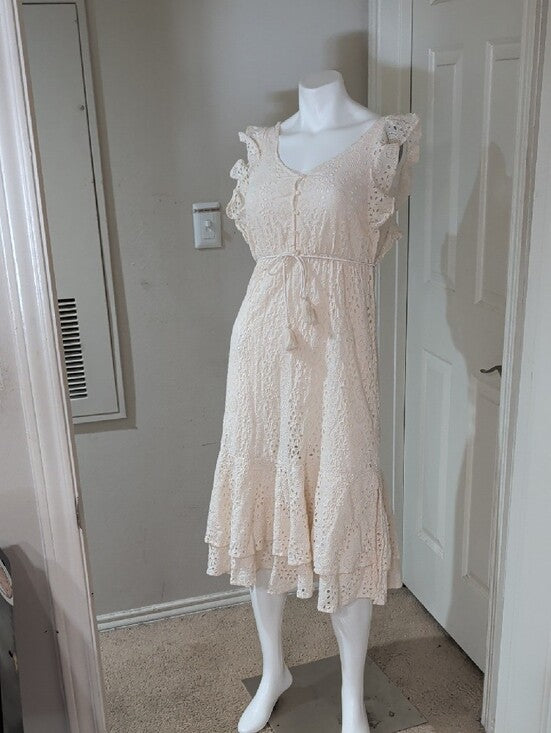 Cleobella Cream Eyelet Tiered Midi Dress with Tassel Tie Women's XS