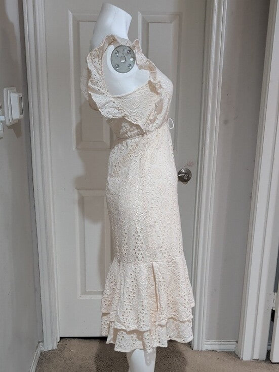 Cleobella Cream Eyelet Tiered Midi Dress with Tassel Tie Women's XS