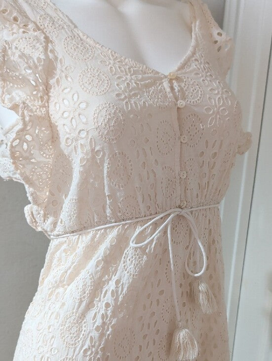 Cleobella Cream Eyelet Tiered Midi Dress with Tassel Tie Women's XS