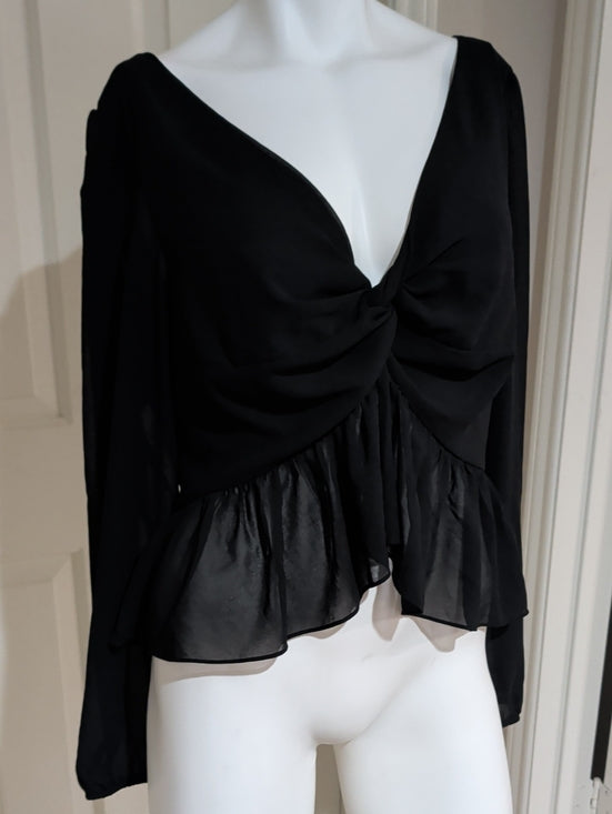 H&M Black Tie-Front Sheer Peplum V-Neck Blouse Women's Large