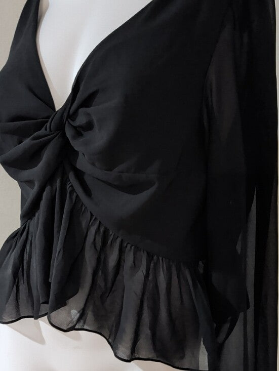H&M Black Tie-Front Sheer Peplum V-Neck Blouse Women's Large