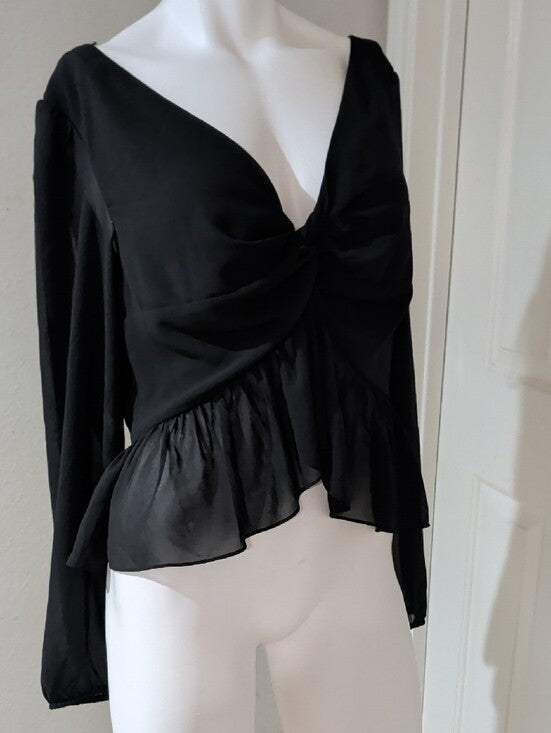 H&M Black Tie-Front Sheer Peplum V-Neck Blouse Women's Large