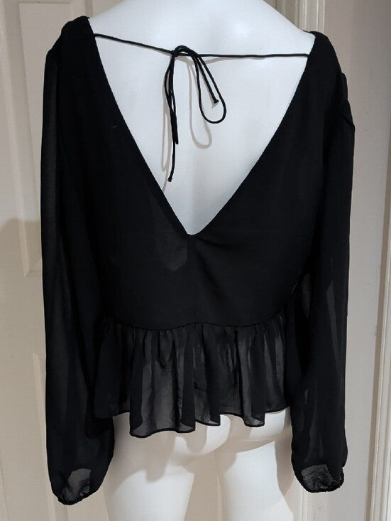 H&M Black Tie-Front Sheer Peplum V-Neck Blouse Women's Large