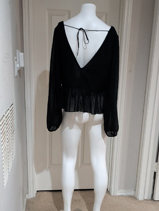 H&M Black Tie-Front Sheer Peplum V-Neck Blouse Women's Large