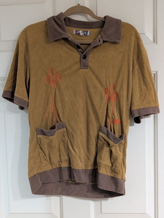 Retro Urban Outfitters Men's Polo in Mustard and Brown Medium