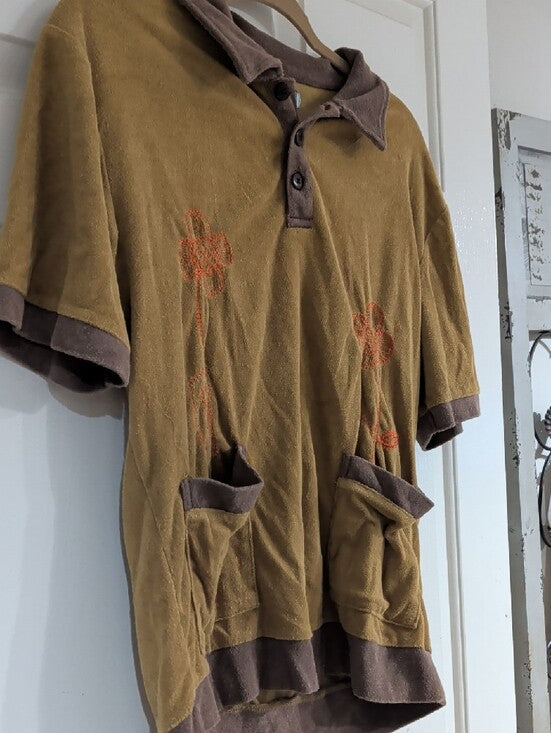 Retro Urban Outfitters Men's Polo in Mustard and Brown Medium
