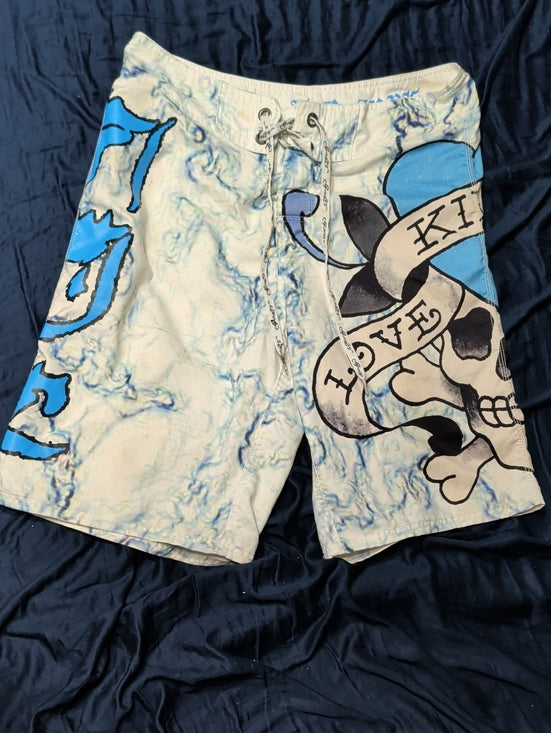 Retro Ed Hardy White & Blue Skull Print Men’s Board Shorts 32