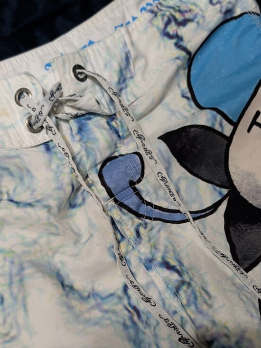 Retro Ed Hardy White & Blue Skull Print Men’s Board Shorts 32