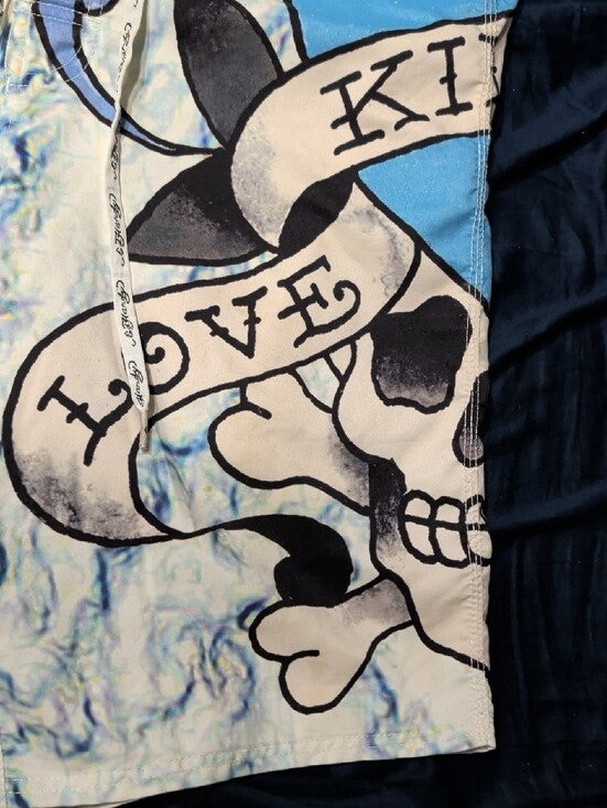 Retro Ed Hardy White & Blue Skull Print Men’s Board Shorts 32