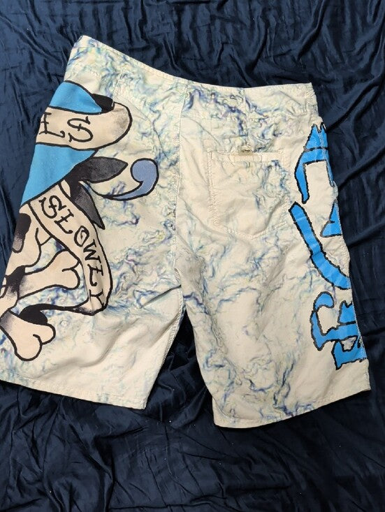 Retro Ed Hardy White & Blue Skull Print Men’s Board Shorts 32