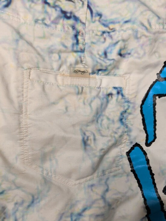Retro Ed Hardy White & Blue Skull Print Men’s Board Shorts 32