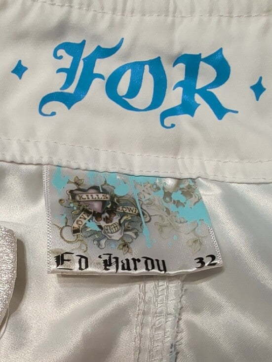 Retro Ed Hardy White & Blue Skull Print Men’s Board Shorts 32