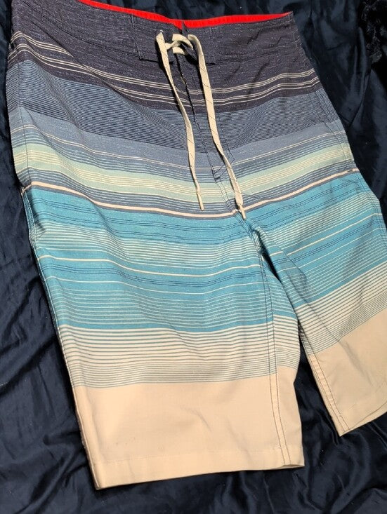 Goodfellow & Co Men's Blue Gradient Stripe Swim Shorts with Tan Hem Large