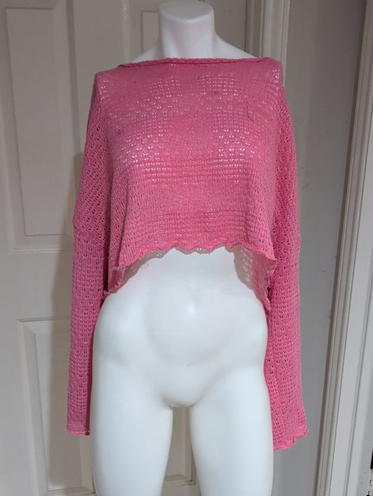 Retro Pink Cropped Crochet Boatneck Sweater Women's 4X