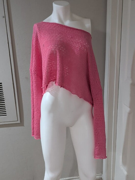 Retro Pink Cropped Crochet Boatneck Sweater Women's 4X