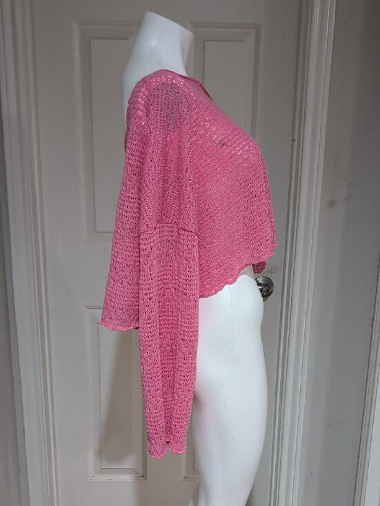 Retro Pink Cropped Crochet Boatneck Sweater Women's 4X