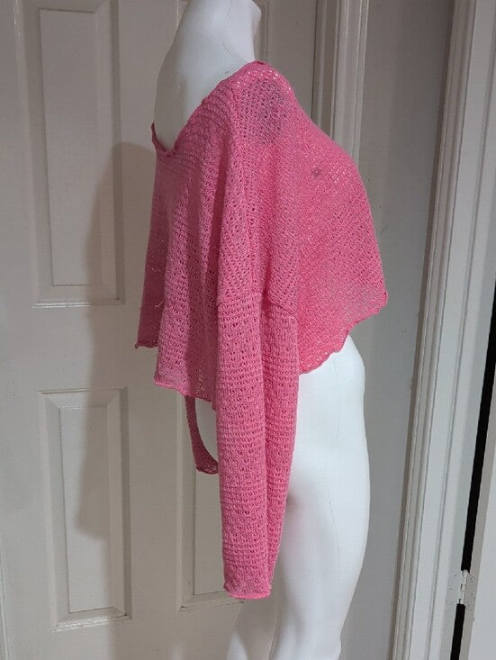 Retro Pink Cropped Crochet Boatneck Sweater Women's 4X