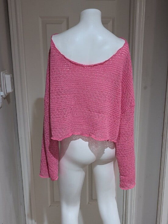 Retro Pink Cropped Crochet Boatneck Sweater Women's 4X