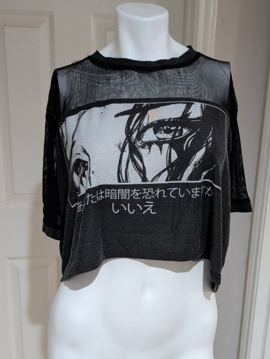 Retro Black Mesh Graphic Crop Top with Japanese Print Women's 4XL