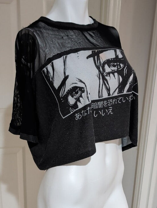 Retro Black Mesh Graphic Crop Top with Japanese Print Women's 4XL