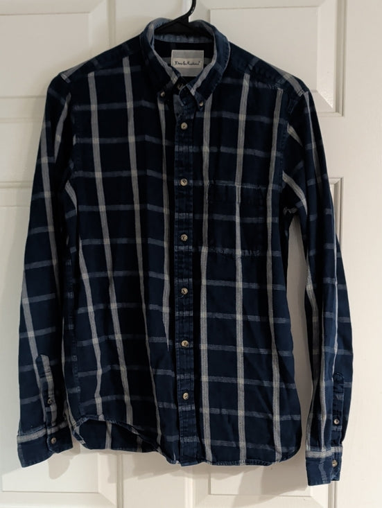 Deus Ex Machina Men's Indigo Windowpane Button-Down Shirt Small