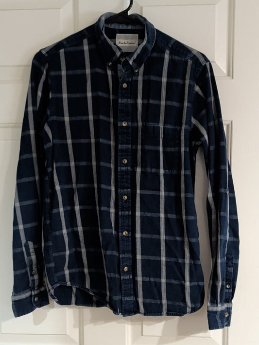 Deus Ex Machina Men's Indigo Windowpane Button-Down Shirt Small