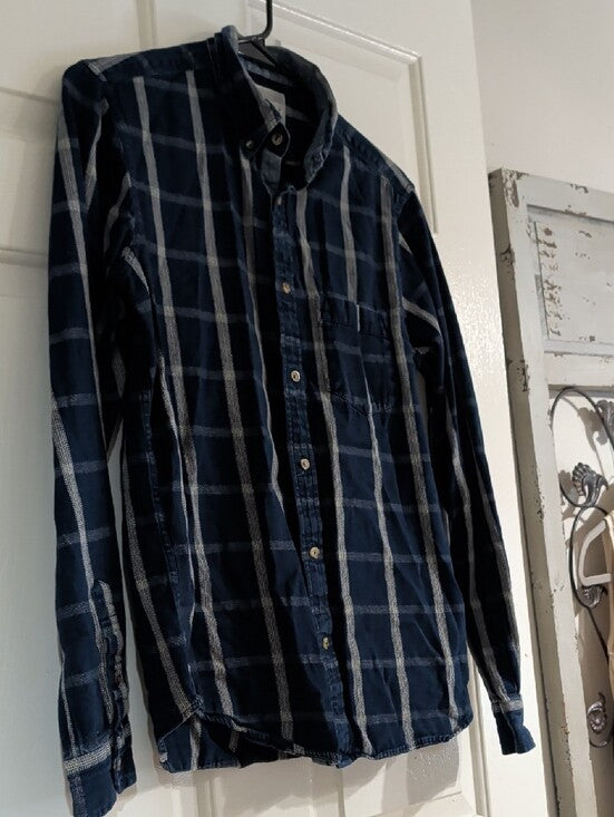 Deus Ex Machina Men's Indigo Windowpane Button-Down Shirt Small