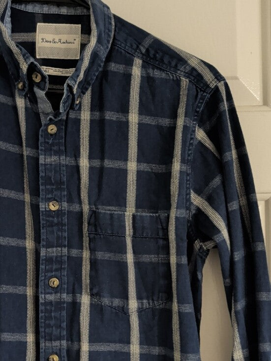 Deus Ex Machina Men's Indigo Windowpane Button-Down Shirt Small