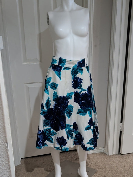 RARE Pinup Couture Cream A-Line Skirt with Teal and Navy Floral Print Women's Medium