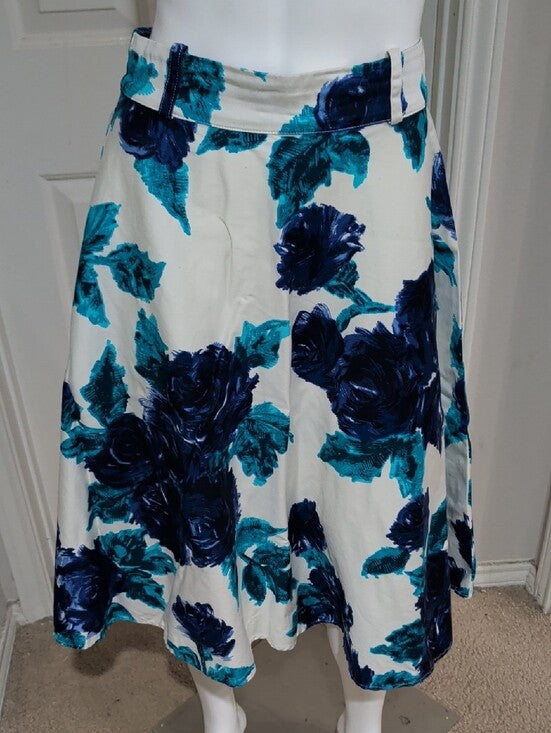 RARE Pinup Couture Cream A-Line Skirt with Teal and Navy Floral Print Women's Medium