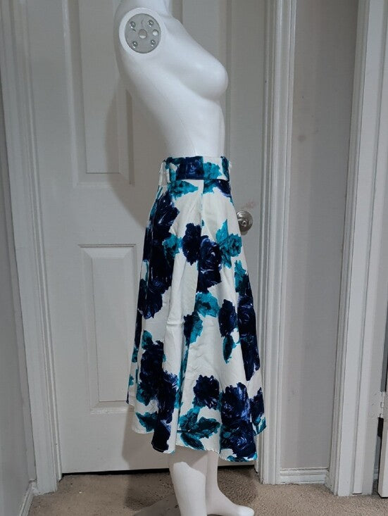 RARE Pinup Couture Cream A-Line Skirt with Teal and Navy Floral Print Women's Medium