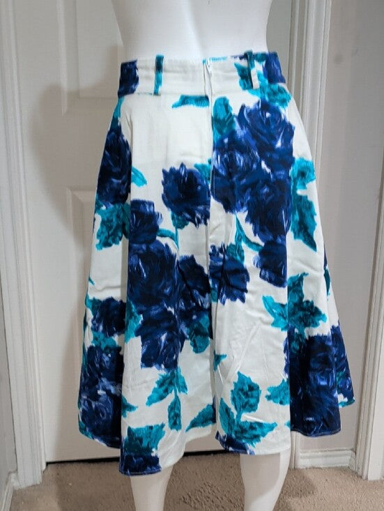 RARE Pinup Couture Cream A-Line Skirt with Teal and Navy Floral Print Women's Medium