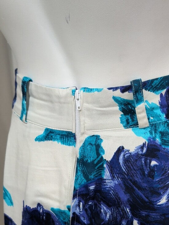 RARE Pinup Couture Cream A-Line Skirt with Teal and Navy Floral Print Women's Medium