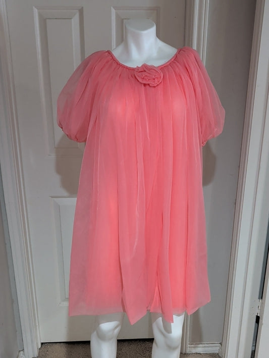 Vintage Coral Pink Chiffon Nightgown Dress with Rosette Accented Robe - Medium