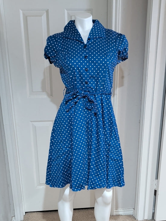 Vintage Heart & Roses Blue Polka Dot Button-Front Midi Dress w/ Tie Waist Women's Large Retro