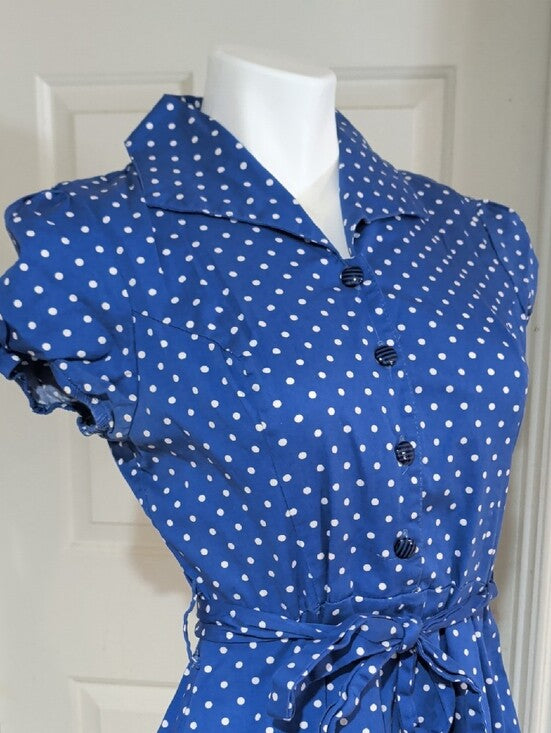 Vintage Heart & Roses Blue Polka Dot Button-Front Midi Dress w/ Tie Waist Women's Large Retro