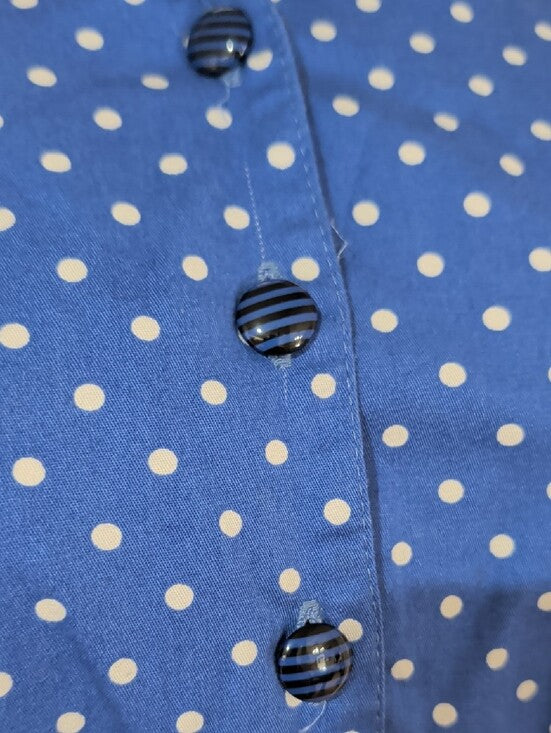 Vintage Heart & Roses Blue Polka Dot Button-Front Midi Dress w/ Tie Waist Women's Large Retro