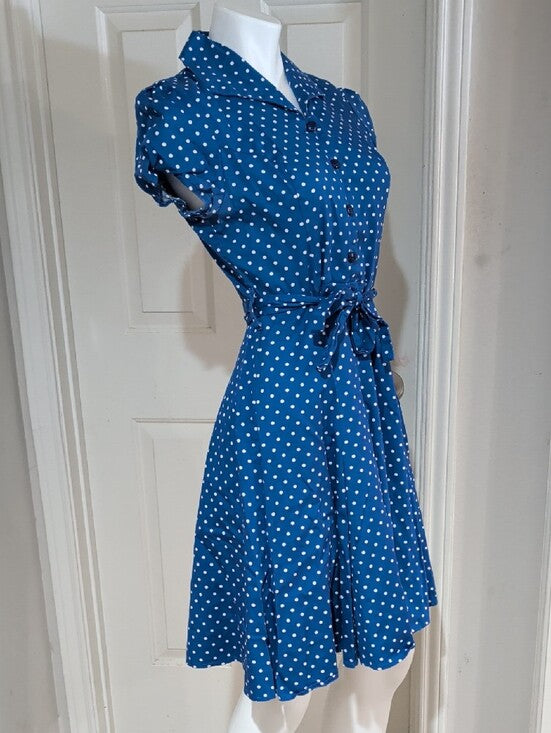 Vintage Heart & Roses Blue Polka Dot Button-Front Midi Dress w/ Tie Waist Women's Large Retro