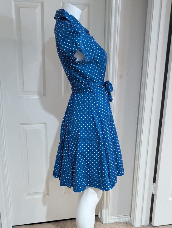 Vintage Heart & Roses Blue Polka Dot Button-Front Midi Dress w/ Tie Waist Women's Large Retro