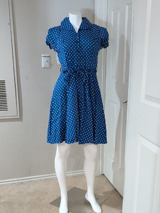 Vintage Heart & Roses Blue Polka Dot Button-Front Midi Dress w/ Tie Waist Women's Large Retro