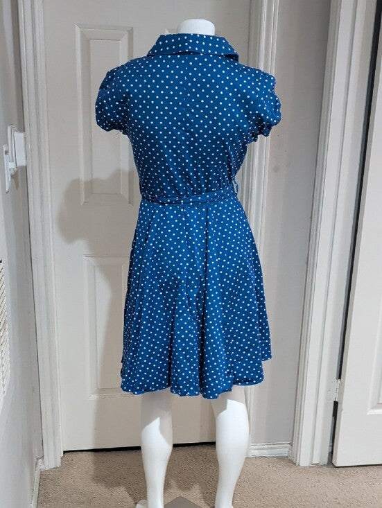 Vintage Heart & Roses Blue Polka Dot Button-Front Midi Dress w/ Tie Waist Women's Large Retro