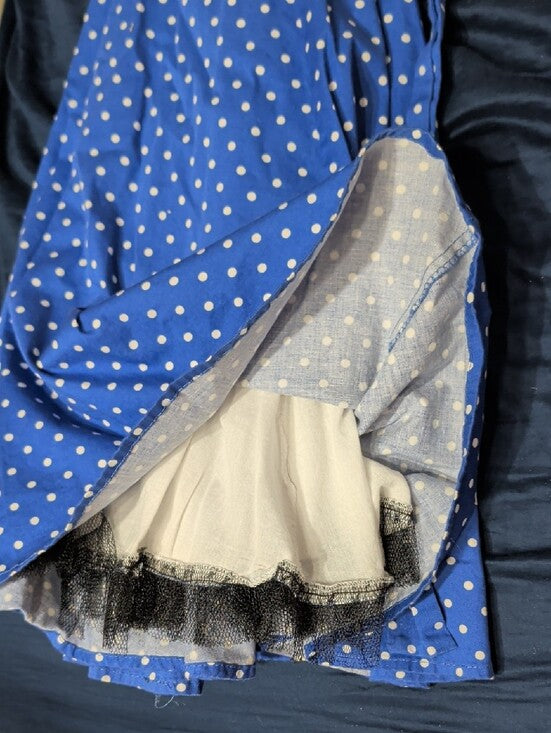 Vintage Heart & Roses Blue Polka Dot Button-Front Midi Dress w/ Tie Waist Women's Large Retro