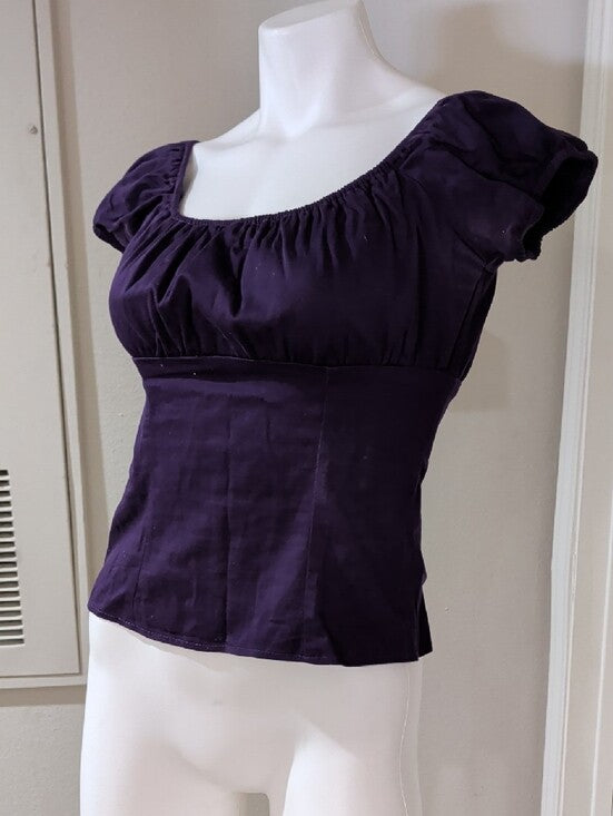 Retro Pinup Couture Deep Purple Scoop Neck Puff Sleeve Top Women's Medium