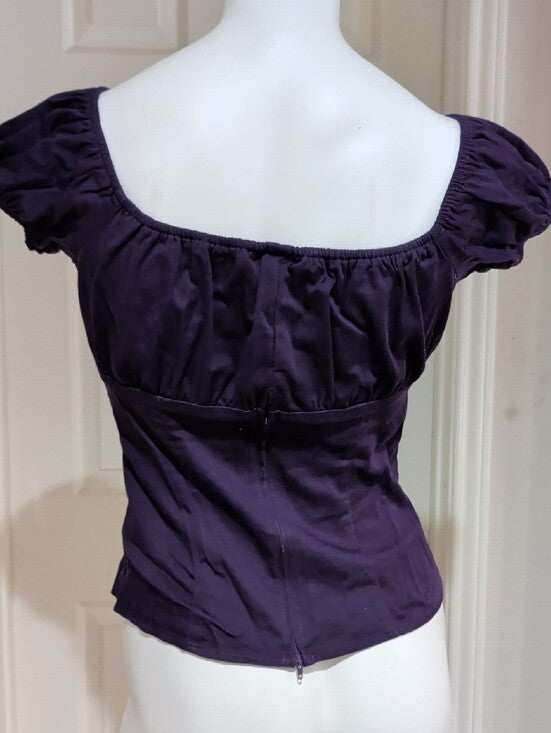 Retro Pinup Couture Deep Purple Scoop Neck Puff Sleeve Top Women's Medium