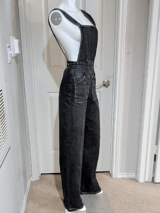 Vintage Freddie's Of Pinewood Black Denim Wide Leg Overalls Women's 28